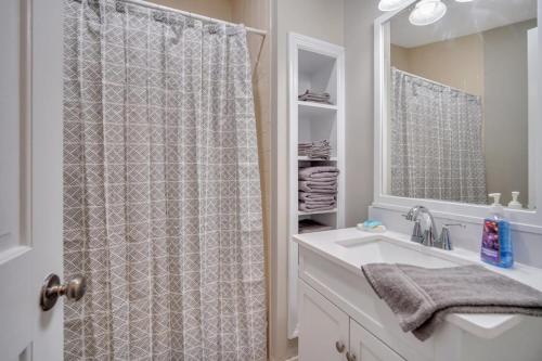 a bathroom with a shower curtain and a sink at Downtown Loft - Above Bull & Barrel & Close to Georgia Southern in Statesboro