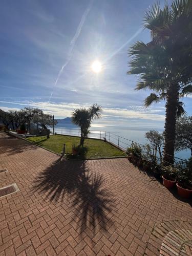 a shadow of a palm tree on a brick sidewalk at Sea View in Pieve Ligure
