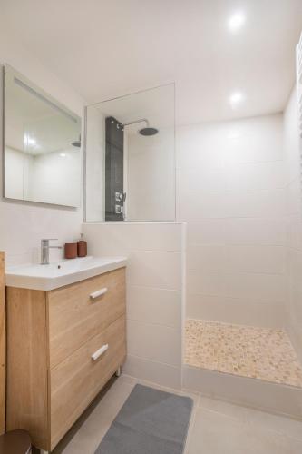 une salle de bain avec une douche, un lavabo et un miroir dans l'établissement Magnifique appartement rénové, à Aix-en-Provence