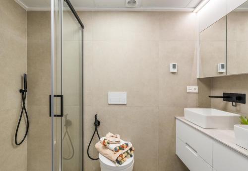a bathroom with a shower and a toilet and a sink at Spacious beach apartment with seaview Costa Calida in San Pedro del Pinatar