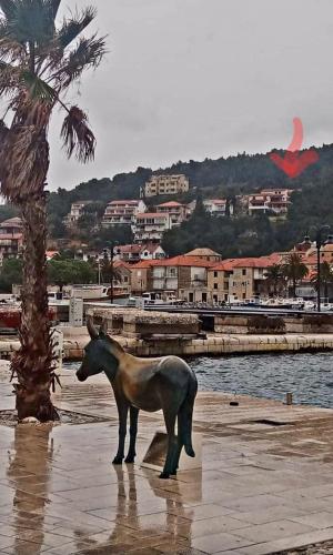 a horse standing on a beach next to a palm tree at Apartman Marina sa parkingom in Jelsa