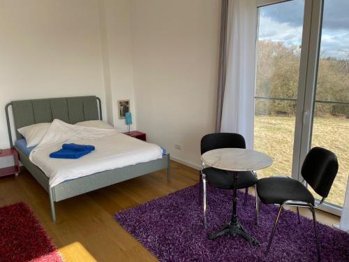 Schöne Unterkunft في غوتمادينغين: غرفة نوم بسرير وكراسي وطاولة