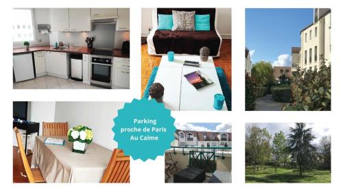 un collage de fotos de una cocina y una casa en EXCEPTIONNEL "A NOUS PARIS" ! Spacieux - Calme - Balcon - Wifi - Netflix - Parking, en Rueil-Malmaison