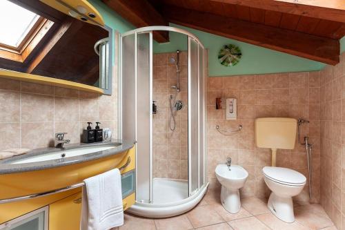 a bathroom with a shower and a toilet and a sink at Alex Haus in Somma Lombardo