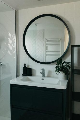 a bathroom with a sink and a mirror at Mercerie de Denise in Le Bourg-Dun