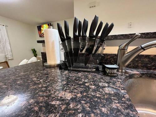 a kitchen counter with a bunch of knives on it at Great Value! Close to Proctors, Gorgeous Townhouse in Schenectady