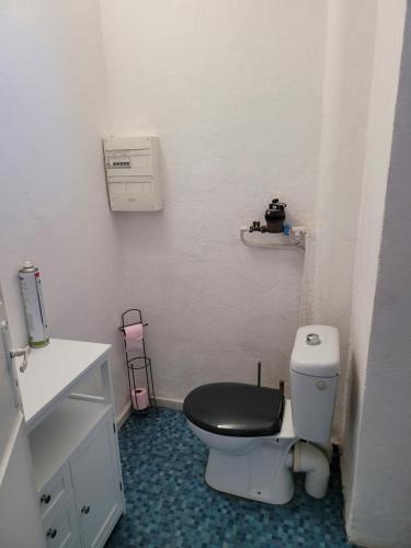 La salle de bains est pourvue de toilettes et d'un siège noir. dans l'établissement Elégant apparemment 60m2 climatisé, à Avignon