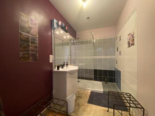 une salle de bain avec un lavabo et une douche dans l'établissement Le Panache, à Sevremont