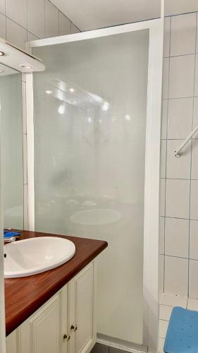 une salle de bain avec un lavabo et une douche dans l'établissement T2 avec petite vue mer avec accès plage, à Bénodet