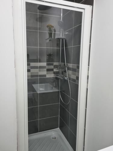 La salle de bains est pourvue d'une douche et d'un lavabo. dans l'établissement La Cigale, à Soissons