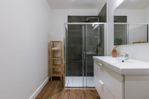een badkamer met een douche en een wastafel bij Pleasant apartment on top location in Ghent in Gent