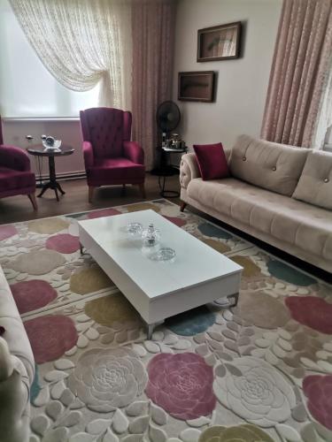 uma sala de estar com um sofá e uma mesa de centro em Uruç ev em Tekirdağ