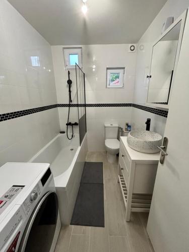 een badkamer met een wastafel en een wasmachine. bij Sublime Appt refait à neuf ! in Argenteuil
