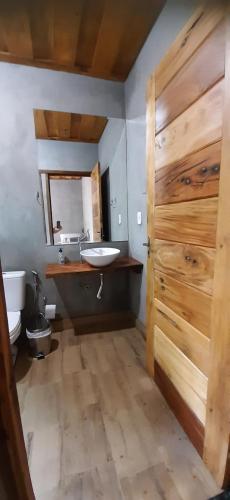 a bathroom with a sink and a wooden door at Casa das Orquídeas in Bonito