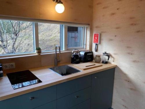 encimera de cocina con fregadero y ventana en Audkula Dome Cabin, en Hella