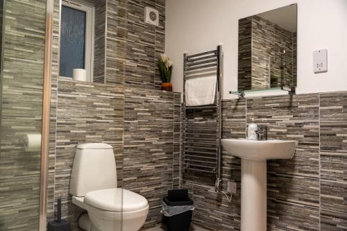 a bathroom with a toilet and a sink at Balvenie Apartment in Oban