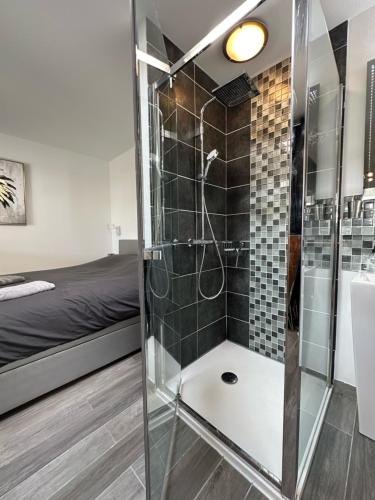 La salle de bains est pourvue d'une douche. dans l'établissement Village naturiste - Villa Port-Nature 1 - Le Tantra, au Cap d'Agde