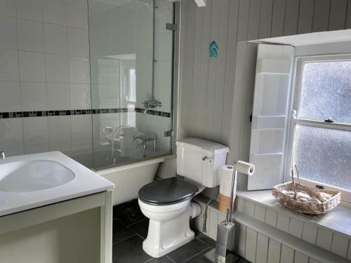 a white bathroom with a toilet and a sink at Cilrhiw, Seaside Stone Cottage in Llangrannog in Llangrannog