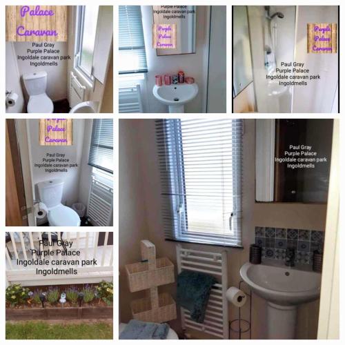 a collage of pictures of a bathroom with a toilet and a sink at Purple Palace 3-Bed Caravan Ingoldmells in Ingoldmells
