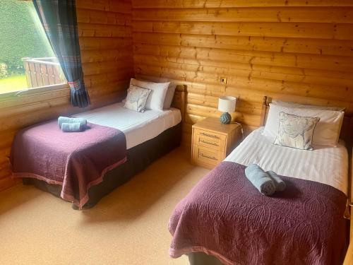 a bedroom with two beds in a log cabin at Kipplochan in Dalbeattie