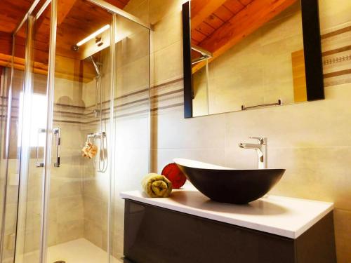 La salle de bains est pourvue d'un lavabo et d'une douche en verre. dans l'établissement 2 bedrooms appartement with wifi at Tubilla del Lago, à Tubilla del Lago