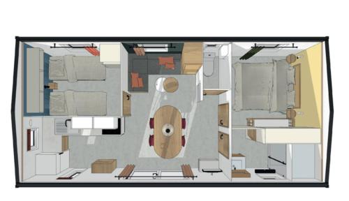 - un plan d'étage d'une chambre avec salle de bains dans l'établissement Camping maeva Respire de La Croze, à Châtel-Guyon
