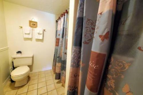 Un baño con inodoro y cortina de ducha. en Atrium Condo Standard - Sleeps 4 103, en Cabo Cañaveral