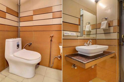2 Bilder eines Badezimmers mit WC und Waschbecken in der Unterkunft Kamboj Palace in Mājra
