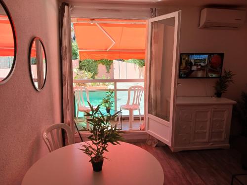 una mesa con una planta en una habitación con ventana en Studio meuble bord de mer, en Bormes-les-Mimosas