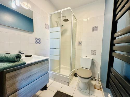 une salle de bain avec une douche, des toilettes et un lavabo dans l'établissement Charmant studio rénové, quartier Saint Michel, proche centre-ville - Les Sables, à Les Sables-dʼOlonne
