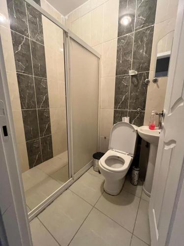 a bathroom with a shower and a toilet and a sink at Trendhouse in Ankara