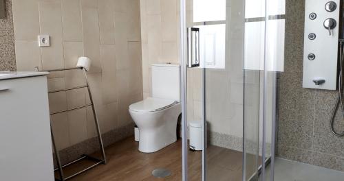 a bathroom with a toilet and a glass shower at Casa do Recanto - Private Suite in Porto