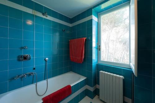 uma casa de banho em azulejos azuis com uma banheira e uma janela em Villa Cicas em Manziana
