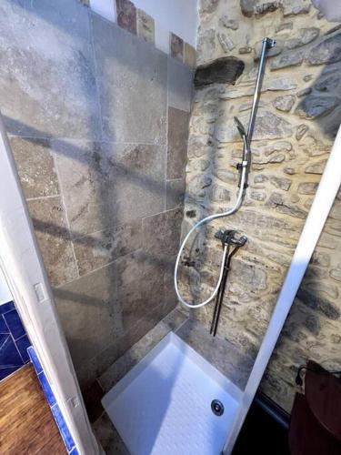 La salle de bains est pourvue d'une douche et d'un mur en pierre. dans l'établissement La Maison De Blanche Neige, à Assignan