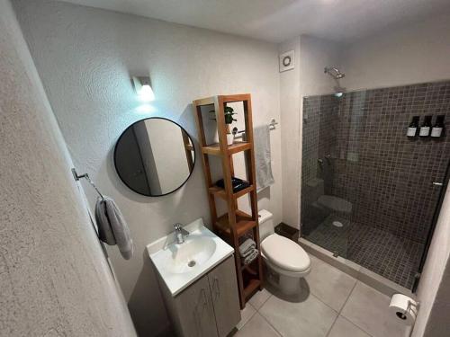een badkamer met een wastafel, een toilet en een spiegel bij Moderno y céntrico apto ideal para un descanso in Guadalajara