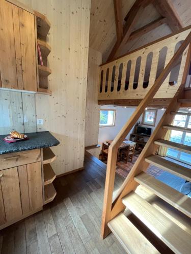 a staircase in a cabin with a kitchen and a room at Conny's B&B in Niederweningen