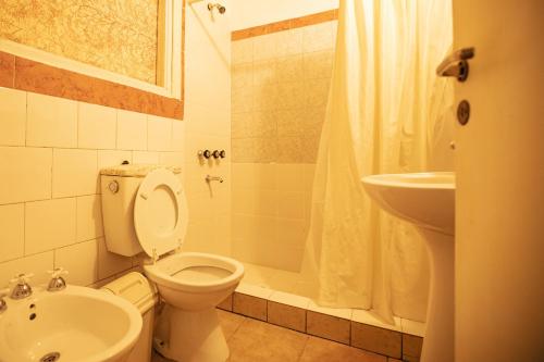 a bathroom with a toilet and a sink and a shower at Cabaña Robertino in El Bolsón