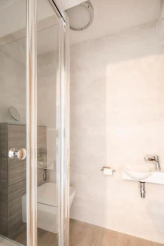 a bathroom with a shower and a toilet and a sink at Spacious 2 Bedroom Apartment near Seafront in Penzance