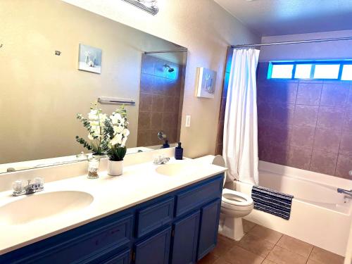 a bathroom with a sink and a toilet and a mirror at Casa Nicholas , 3 bedroom/ 2 bath with large yard in Killeen