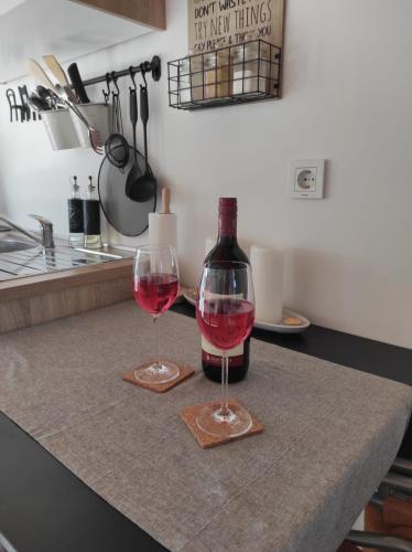 two glasses of red wine sitting on a counter at Kuća za odmor PICCOLINA in Vinica