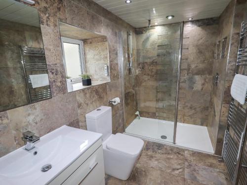 La salle de bains est pourvue de toilettes, d'une douche et d'un lavabo. dans l'établissement Mill Cottage, à Hope