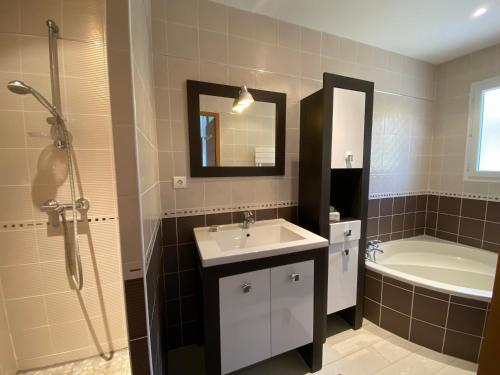 une salle de bain avec un lavabo, une baignoire et une douche dans l'établissement Villa d'Eden domaineleshesperides, à Bagnols-en-Forêt