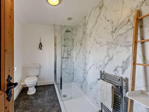 a bathroom with a shower and a toilet at 3 Bed in Seahouses CN153 in Seahouses
