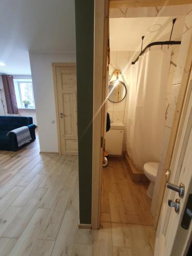 a hallway with a bathroom with a toilet and a door at Cēsu mājas Raiņa ielā in Cēsis