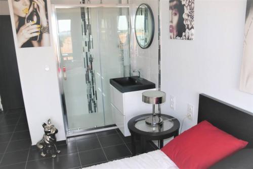 une salle de bain avec une douche, un lit et un lavabo dans l'établissement Studio 315, Port Vénus au village naturiste, au Cap d'Agde