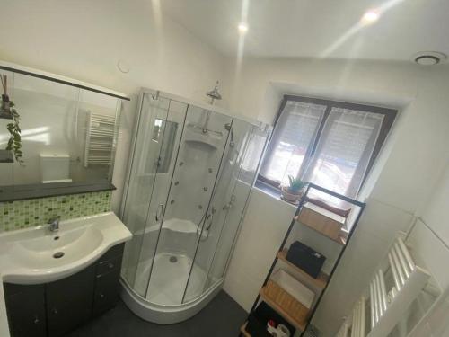a bathroom with a shower and a sink at Coquette Maison, Côté Château à Mutzig en Alsace in Mutzig