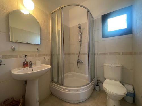 a bathroom with a shower and a toilet and a sink at Villa Layla in Kyrenia