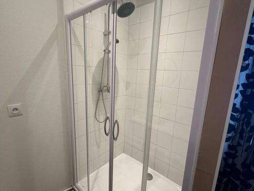 une douche avec une porte vitrée dans une salle de bain dans l'établissement La Passion - 3 personnes - Gare - BCLA, au Mans
