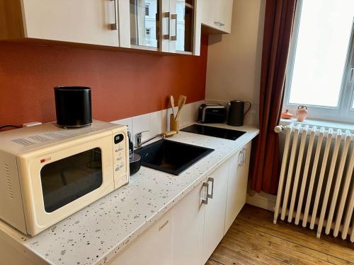 une cuisine avec un four micro-ondes au-dessus d'un comptoir dans l'établissement La Passion - 3 personnes - Gare - BCLA, au Mans