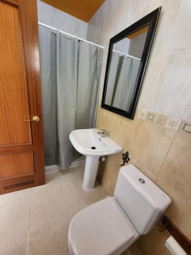 a bathroom with a toilet and a sink and a mirror at Sol y Mar Mogán in Mogán